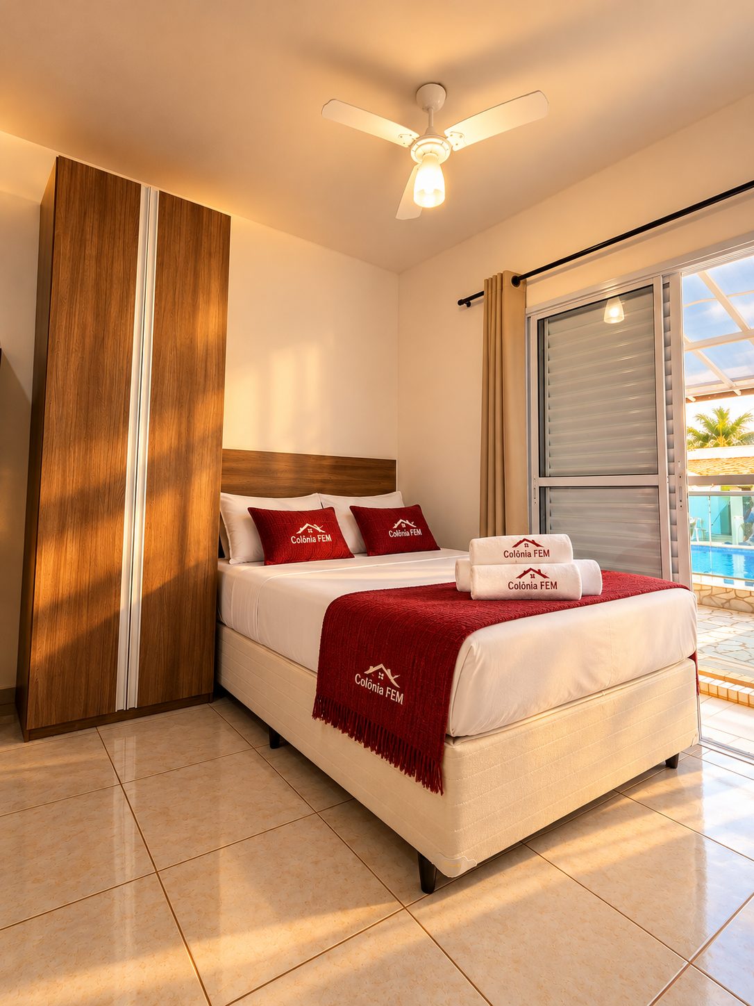 Quarto com cama de casal e detalhes da marca