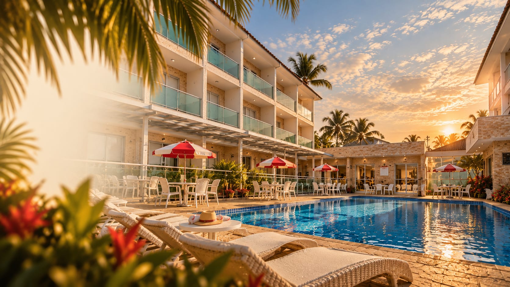 Fachada da Pousada Colônia FEM ao entardecer